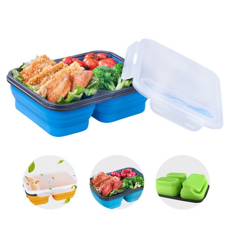 Alouweekuky Boîte à Bento Pliable Silicone - Lunch Box Étanche 2 Compartiments Avec Couverts Pour Adultes Et Enfants (Bleu)