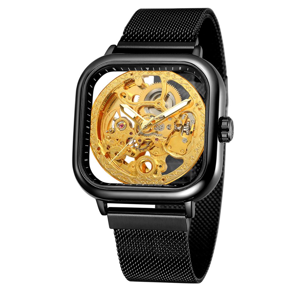 Forsining Mannen Mechanische Horloges Automatische Self-Wind Golden Transparante Mode Mesh Steel Horloge Voor Mannelijke Relogio Masculino: BLACK GOLD