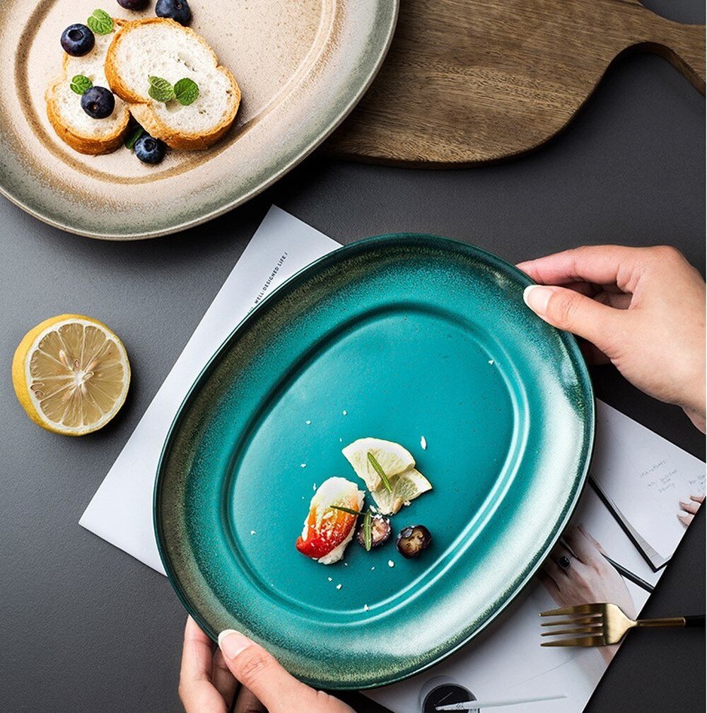 24.5*19.7*2.8cm Japanese Ceramic Dish Oval Home Large Dish Fish Plate Kitchen Plates For Ceramic Dinner Plates