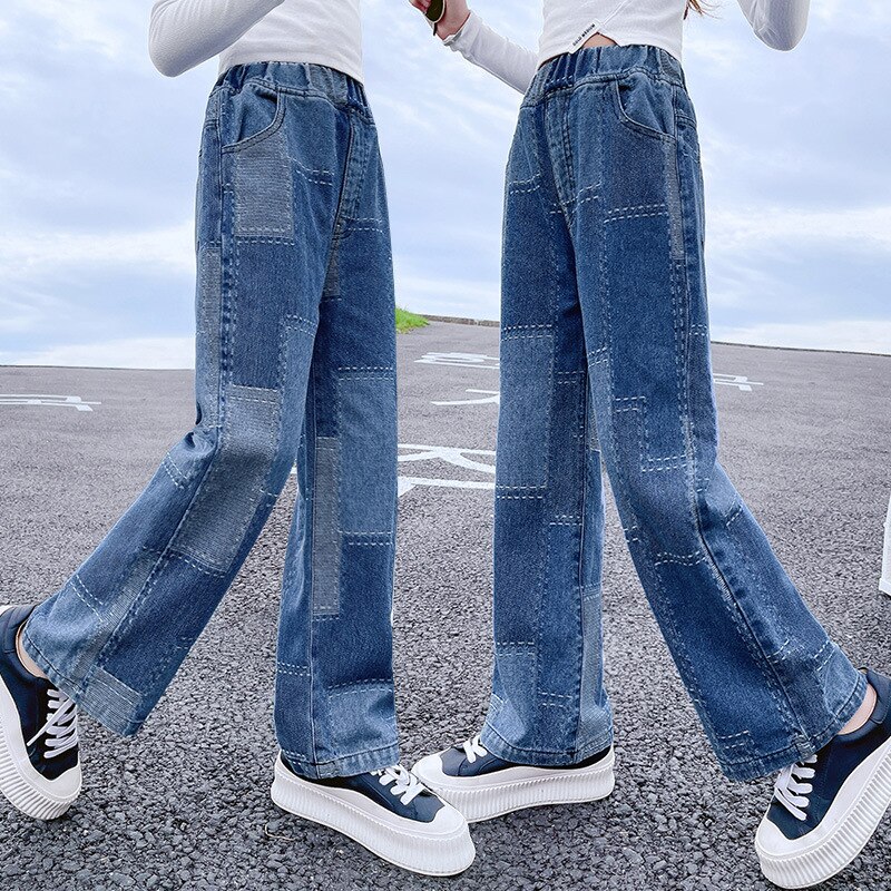Jeans for Girls Patchwork School Uniform for Children Spring 2022 Kids Pants Blue Wide Leg Pants Casual Loose Jeans