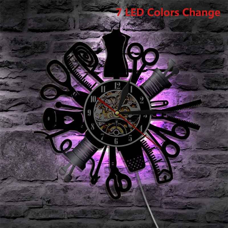 Vinyl Record Wandklok Lichtgevende Moderne Naaien Craft Vinyl Record Klok Met 7 Led Kleuren Veranderen Opknoping Muur Horloge: 7 LED Colors Change