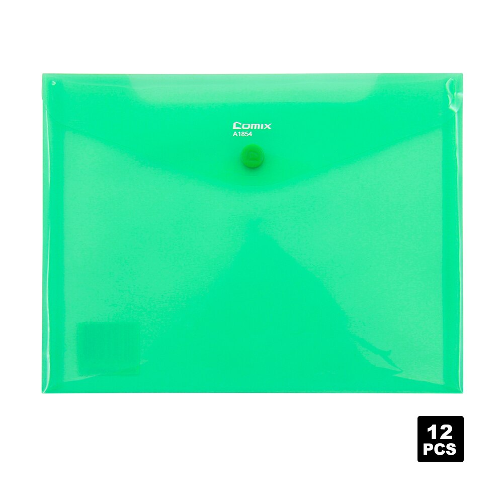Comix A5 Button Document Bag Paper File Folder Stationery Envelop Folder Transparent Colors,12pcs for 1pack，A1854: Light Green