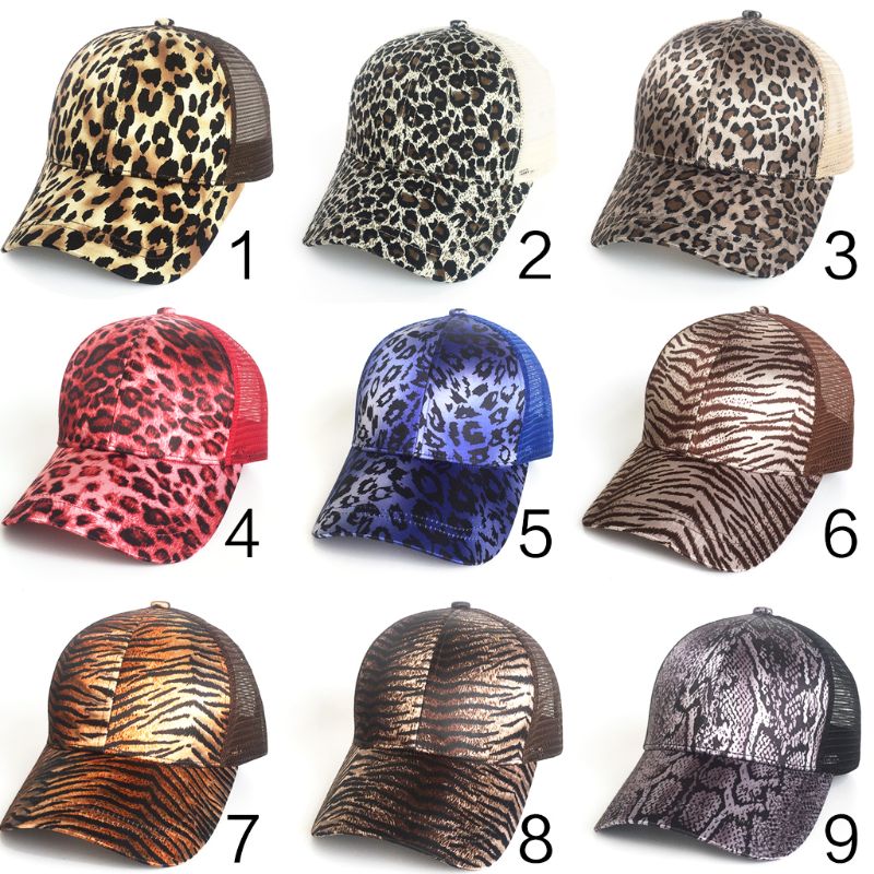 Women Ladies Summer Mesh Back Messy High Bun Ponytail Holder Cap Vintage Leopard Zebra-Stripes Adjustable Snapback Trucker Hat