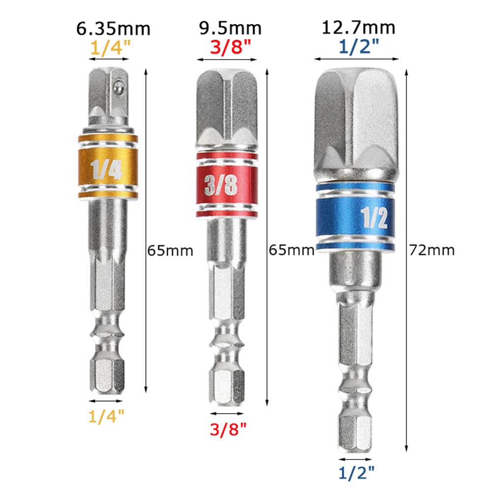 3 st borrhylsa adapteromvandlare för slagdrivenhet med sexkantskena till fyrkantig hylsa borrbars förlängningssats 1/4 " 3/8 " 1/2