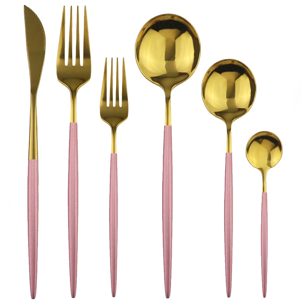 4 sæt blå bestik sæt 18/10 rustfrit stål bestik sæt regnbue service sæt opvaskemaskine sikker kniv gaffel dessert ske teske: Lyserødt guld