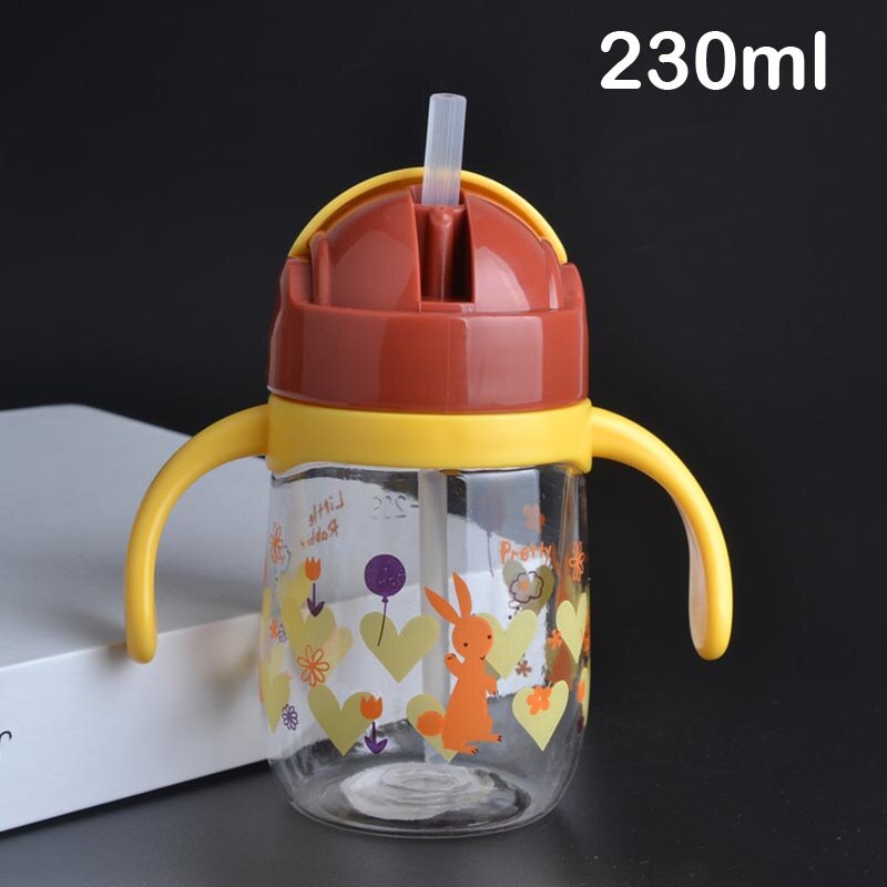 230/450 ml Peuter Zuigeling Water Fles Kinderen Babyvoeding Cup Leuke Cartoon Gedrukt Veilig Mooie Baby Water Cup met Stro: 230ml Yellow Handle