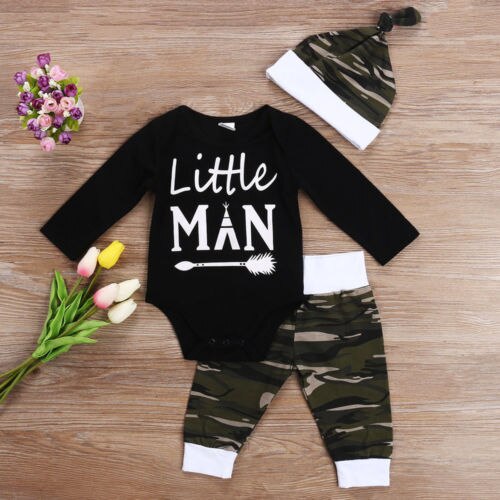 Nyfött spädbarn barn bebis pojke höstkläder camo toppar långärmade byxor hatt outfits set