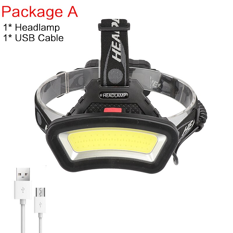 Rechargeable LED Headlight 200m Long Lighting Distance Headlamp Wide Angle COB Head Lamp light Lantern USB Use 2*18650: Package A