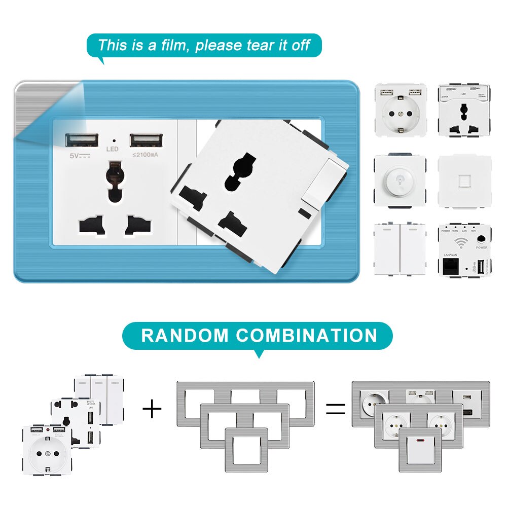 Sran væg  rj45 stik, kat 5 datanetværk computer interface rustfrit stål panel 86mm*86mm hvid/sort/guld