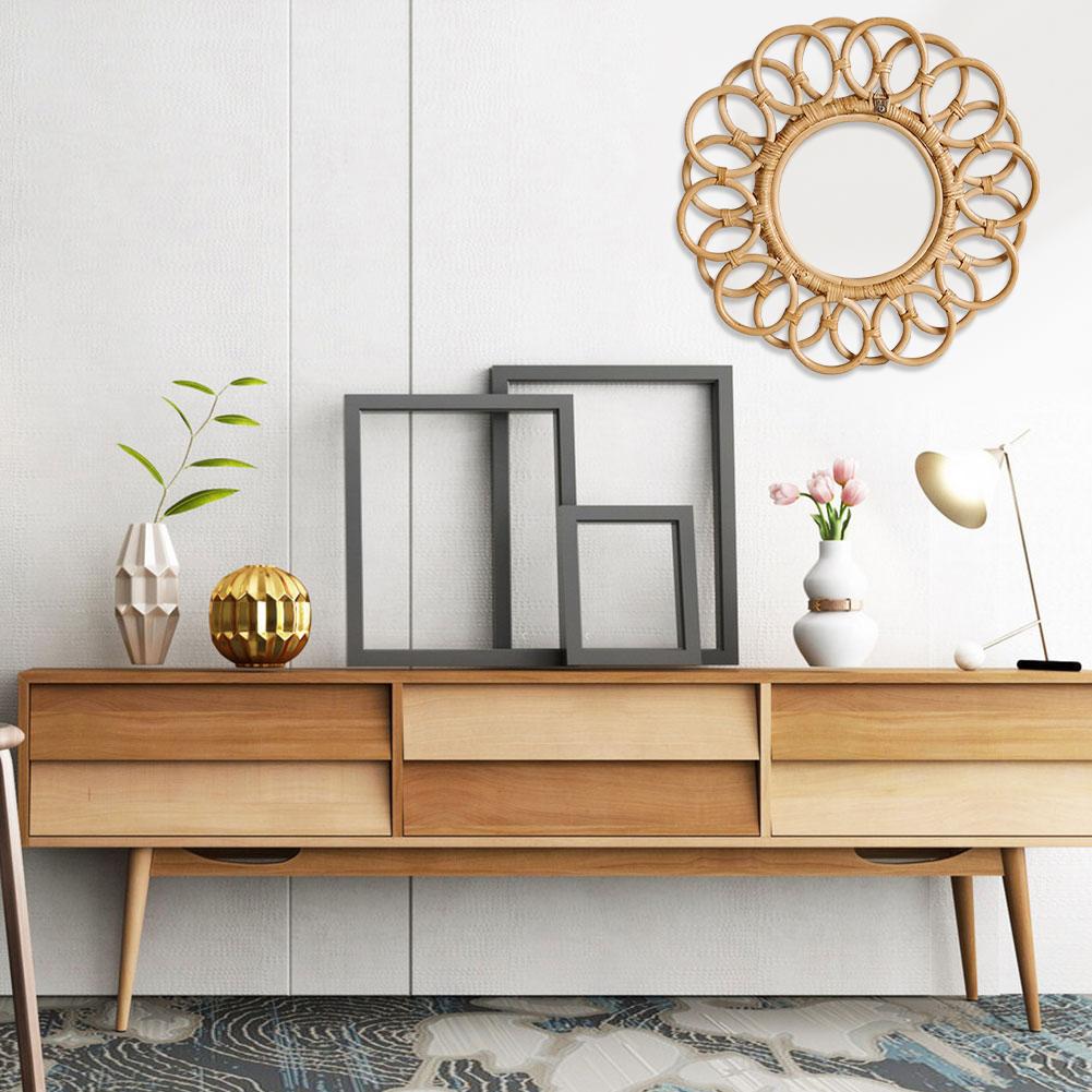 Round Mirror Frame Bohemia Style Crafts Natural Rattan Wall Hanging Mirror Frame Pendant For Living Room Bedroom Decoration