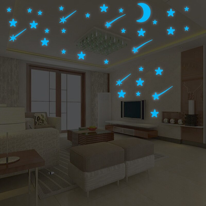 108Stck Blau Leuchtende Sterne Mond Zauberstab Aufkleber glühen in das dunkel Decke Zauberstab Aufkleber freundlicher Schlafzimmer Dekor Glitzernde Sterne aufkleber