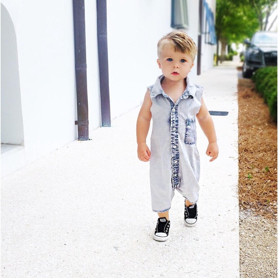 Bébé Été Denim Barboteuse Enfant En Bas Âge -Né Bébé Garçon Fille Sans Manches Bouton Poche Barboteuses Infantile Jumpsuit Vêtements Décontractés Tenues