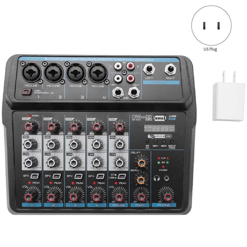 M-6 Portable Mini Mixer Audio DJ Console with Sound Card, USB, 48V Phantom Power for PC Recording Singing Webcast Party(US Plug)