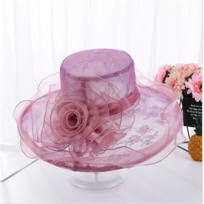 verano elegantes sombreros de playa para mujeres de ala ancha de encaje Floppy sombrero señora té gorras mujer playa UV sol gorros señora sombrero al aire libre: Púrpura
