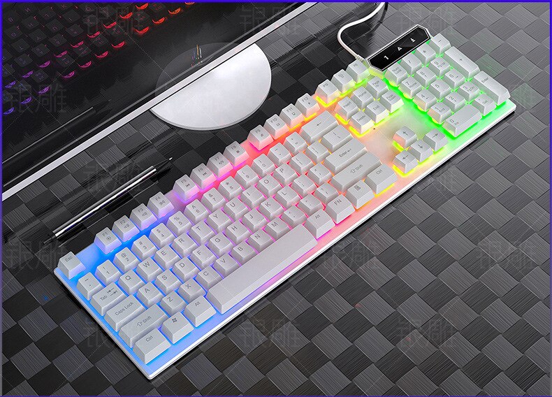 Teclado retroiluminado con cable para juegos, juegos de ratón con cable USB, 104 teclas, RGB mezclado, 3200DPI, para Noteboo: White Keyboard