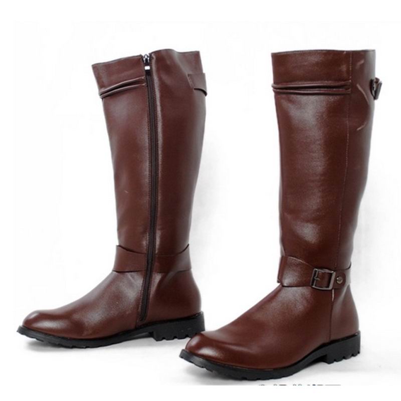 ERRFC – chaussures montantes en cuir PU pour hommes, bottes de Cowboy à bout rond de 44cm, avec boucle marron, pour les loisirs, tendance: Marron / 7
