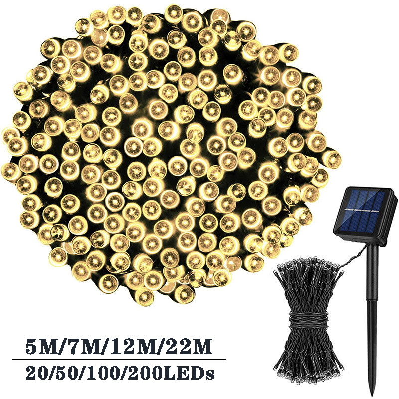 Op zonne-energie werkende slingerverlichting met 5/7/12/22m led's en 8 standen, ideaal voor buiten, tuin, kerst, bruiloft, feest en slingerdecoratie.