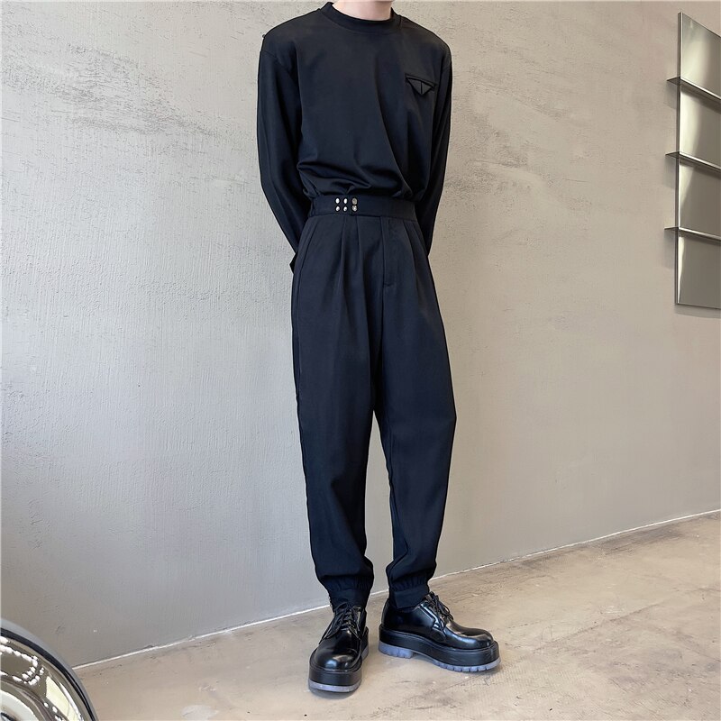 Pantalon sarouel Chic de Style coréen pour homme, couleur unie, noir et blanc, avec ceinture, longueur fuselée à la cheville, décontractée, printemps et été