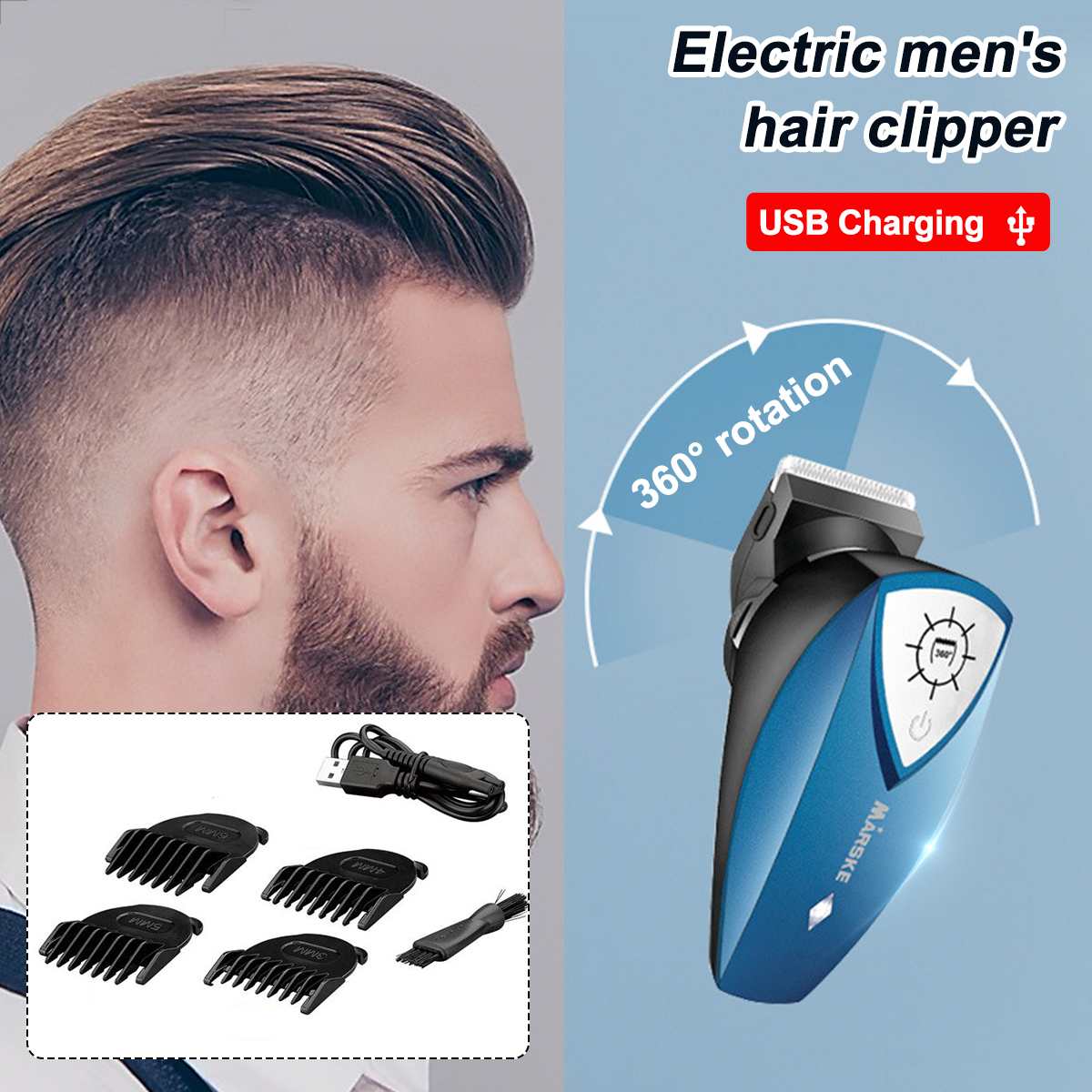 360 ° rotation USB Men's Electric Hair Clipper Rechargeable Lithium Battery Detachable Hair Cut Clipper Machine