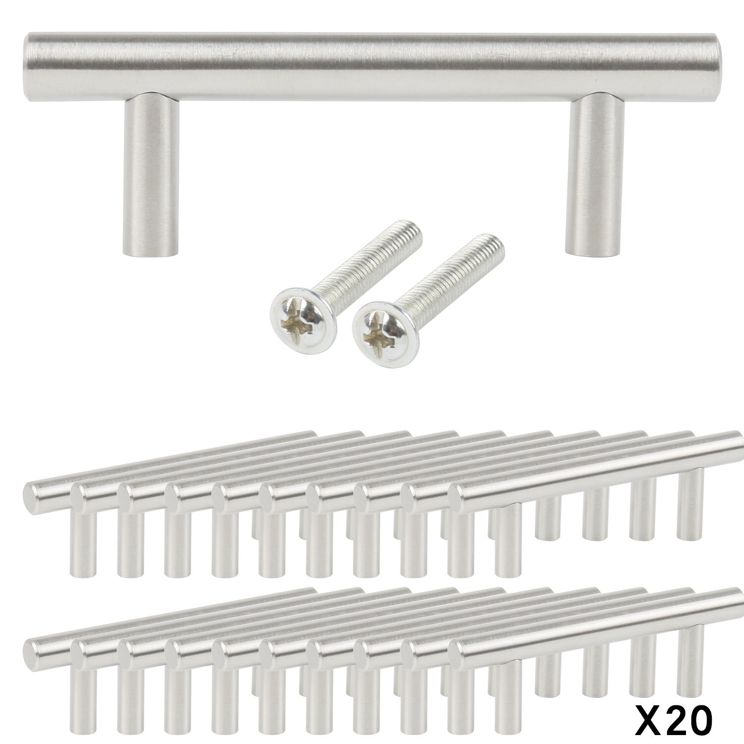 Pack With 20 Furniture / Cabinet / Drawer Handles Made Of Stainless Steel, Total Width 100Mm, T-Handle Center 64Mm