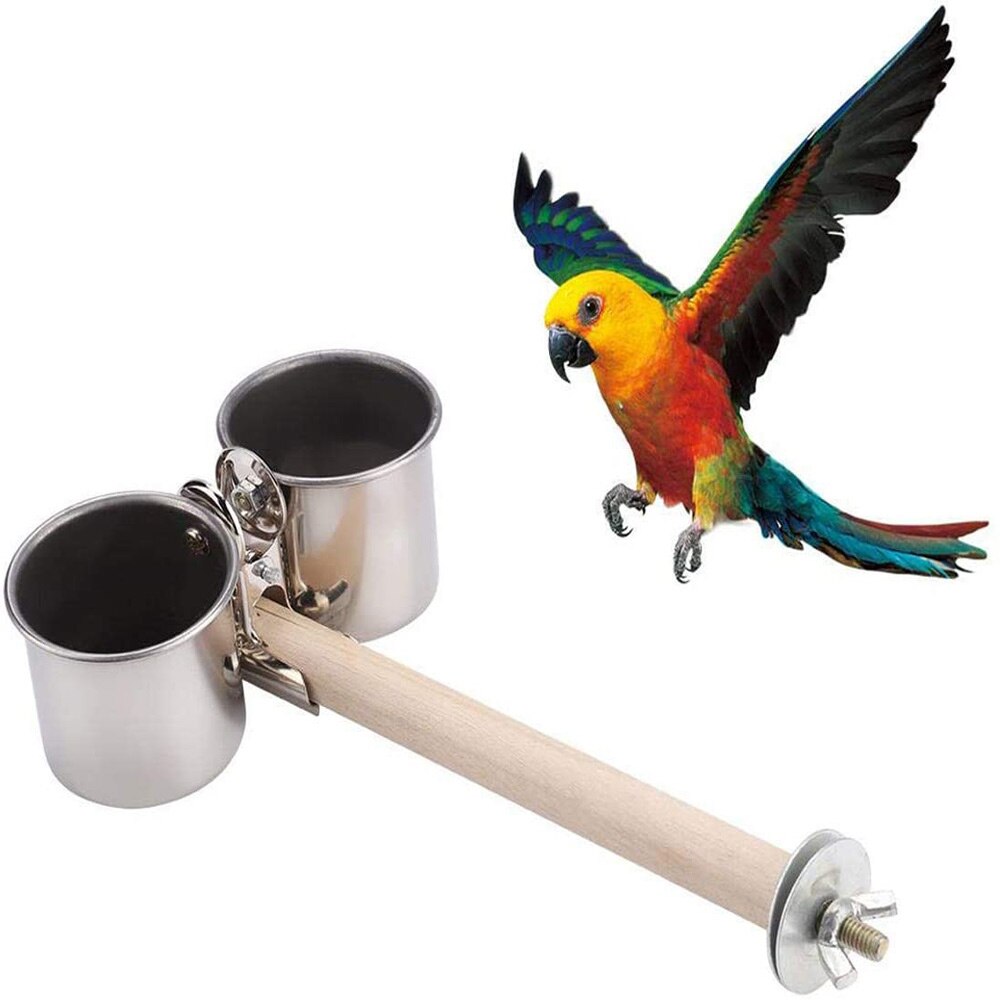 Food Water Feeding Bird Double Cups With Clip Stainless Steel Parrot Feeder Cup Pet Cage Stand Feed Cup Double Cups
