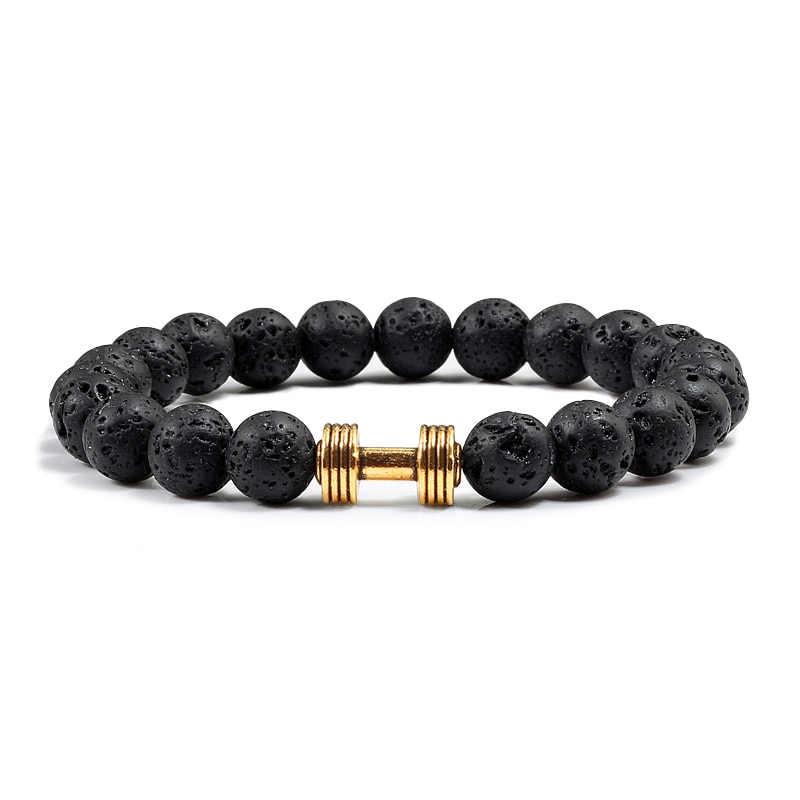 Kausalen Männer Armband Schwarz Natürliche Stein Lava Perlen Legierung Fitness gym Hantel Armbänder Armreifen Charme Frauen Männlichen Outdoor Schmuck