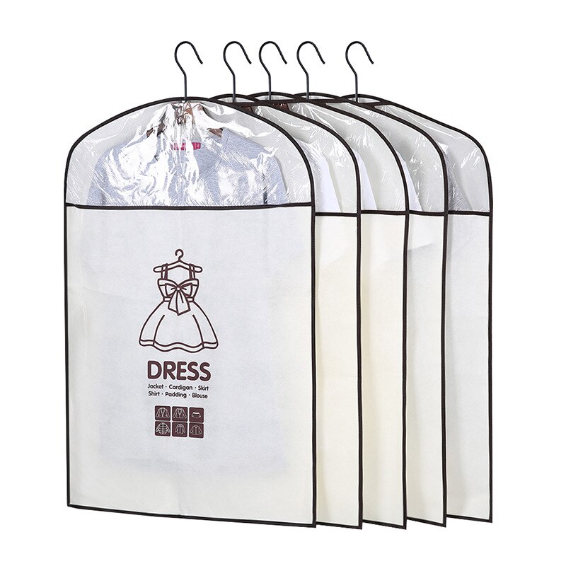5Pcs/Set Closet Hanging Clothes Dust Cover Waterproof Garment Bag Wardrobe Suit Coat Dress Organizer: Beige   M