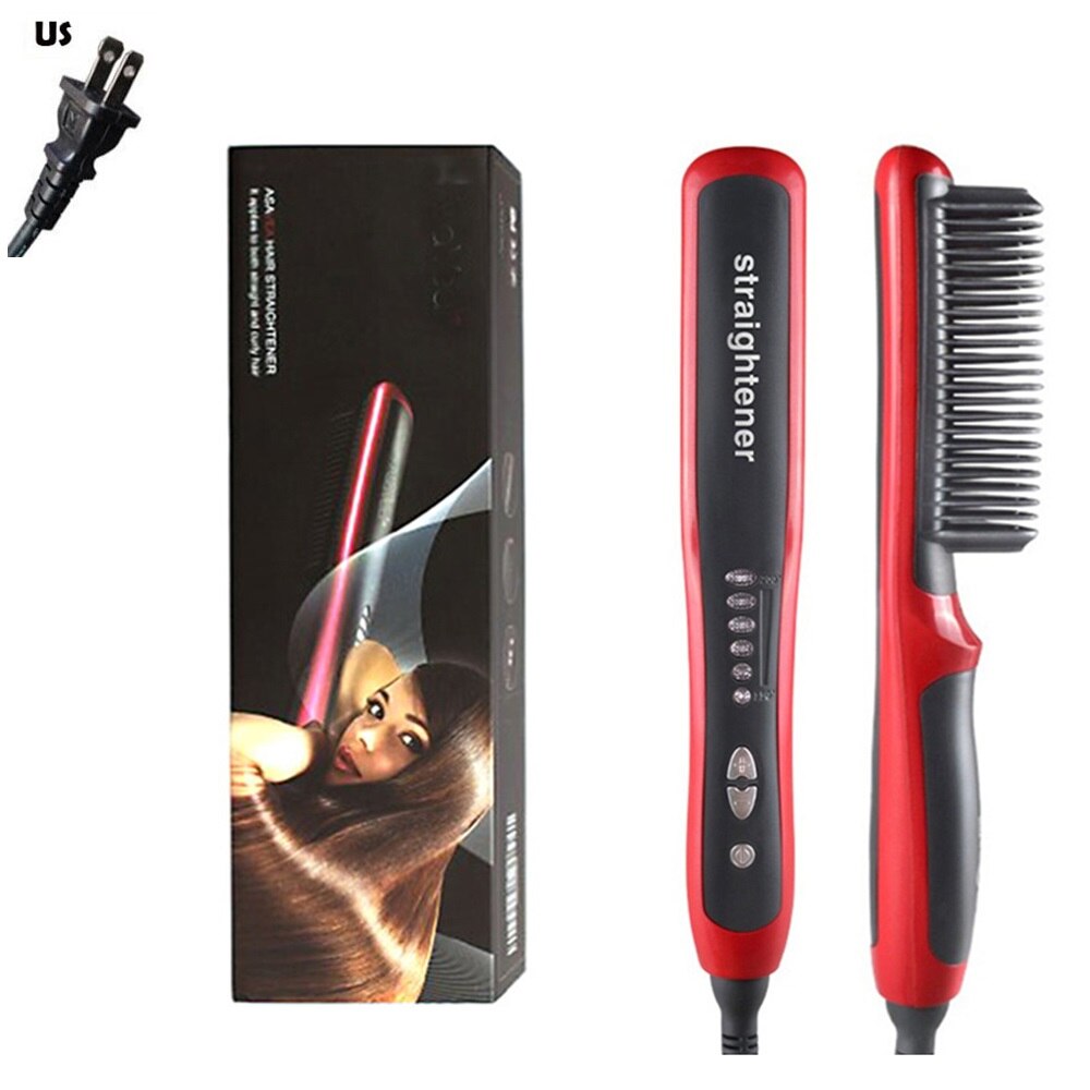Cepillo alisador de cerámica antiestático peine plancha de pelo Pro LCD calentamiento eléctrico iónico rápido alisador de pelo seguro: Red box US PLUG
