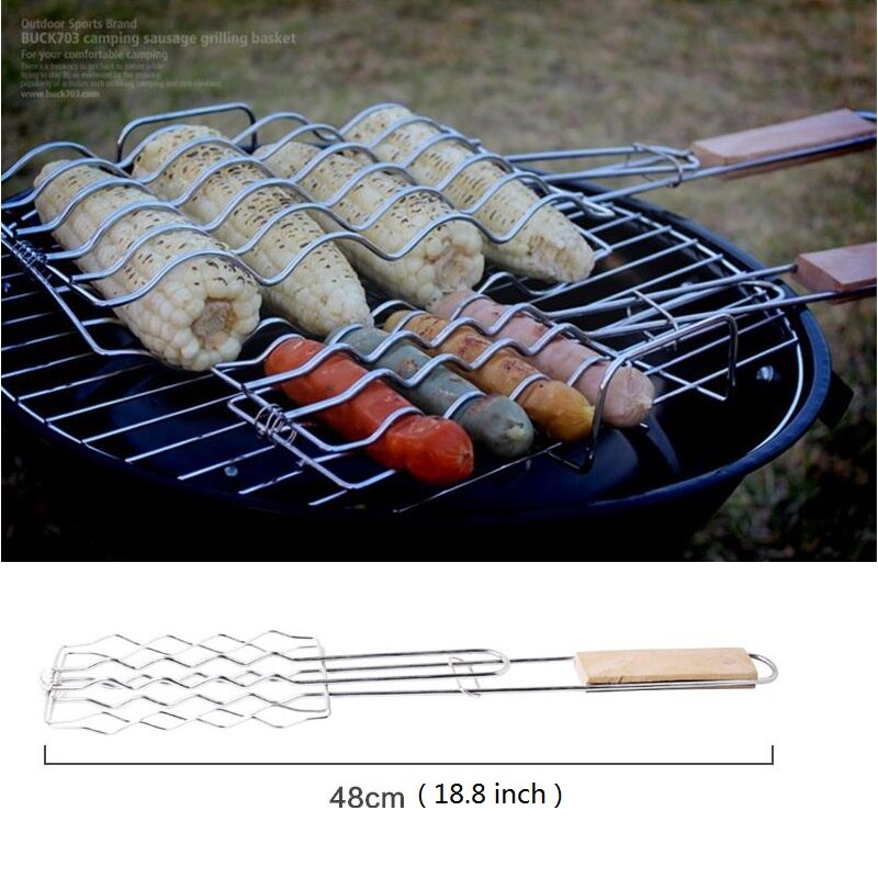 Dog Grill Basket BBQ Sausage Grilling Rack Barbecue Food Metal Mesh Clip Removable Wooden Handle Chicken Barbecue Gripper