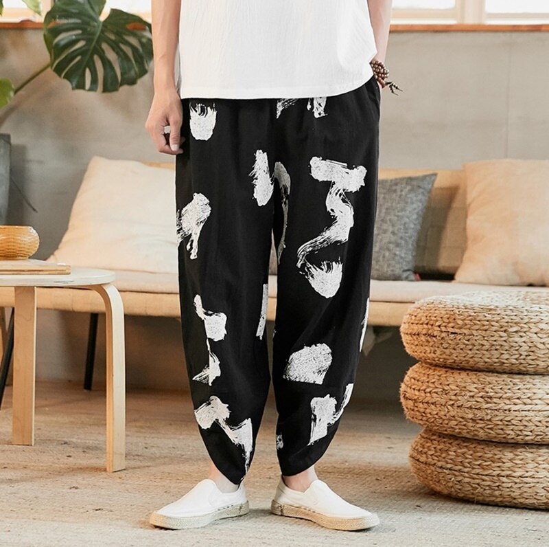 Kimono spodnie Streetwear chińskie tradycyjne ubrania dla mężczyzn szerokie nogawki japońskie spodnie lniane Baggy Hippie spodnie męskie 10627: 1 / M
