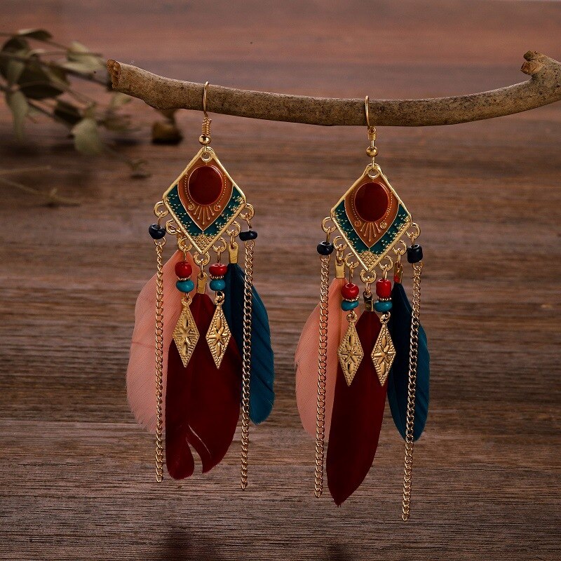 Etnische oorbellen met veren, damessieraden, bohemian zomerse metalen oorbellen met lange kwastjes, indiase sieraden: Dx027-1