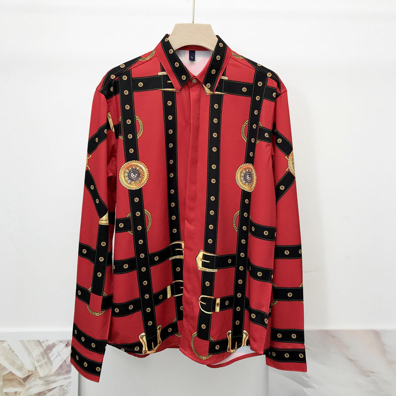 rot Shirt Männer gotisch 3d Barock Gürtel Kette Druck Party Prom Hemden Langarm schlank passen Geschmack Unten Verein bankett Hemd