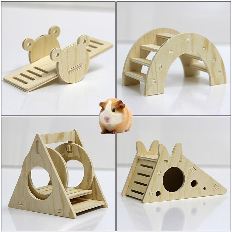 Muebles de juguete de madera para hámster, casa pequeña, columpio, rueda para correr, nido de madera, jaula, suministros