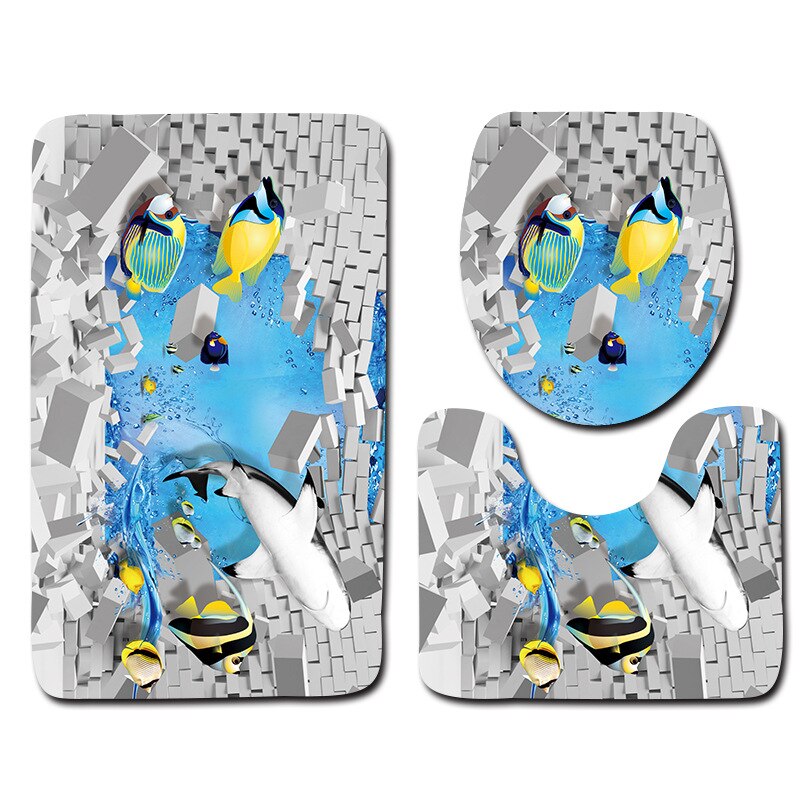 Zeegle 3D poisson imprimé salle de bain tapis 3 pièces anti-dérapant tapis dans les toilettes lavable piédestal tapis couvercle toilette couverture tapis de bain: Fish 01