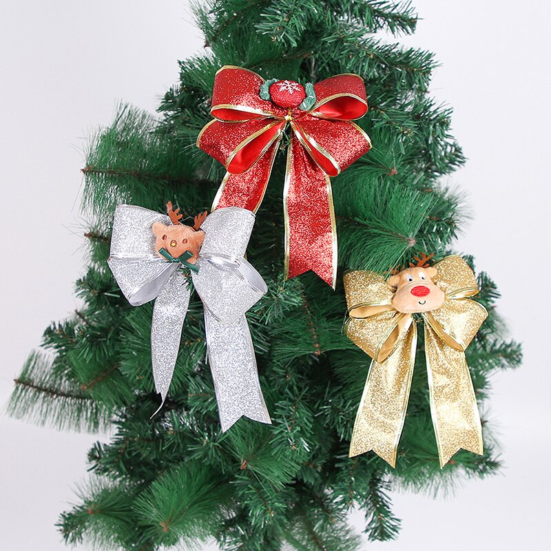 21cm jul rosett tecknad santa älg band rosett guld silver röda rosetter för hantverk julgran prydnader år leveranser