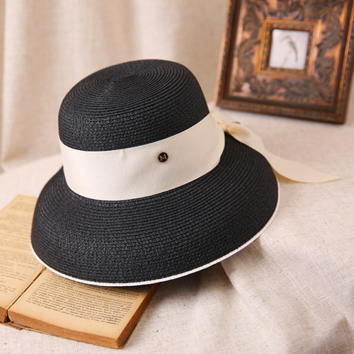 Hepburn-Sombrero de sol con lazo para mujer, sombrero de paja, sombrero de cubo, protector solar de color, sombrero de playa,: Azul