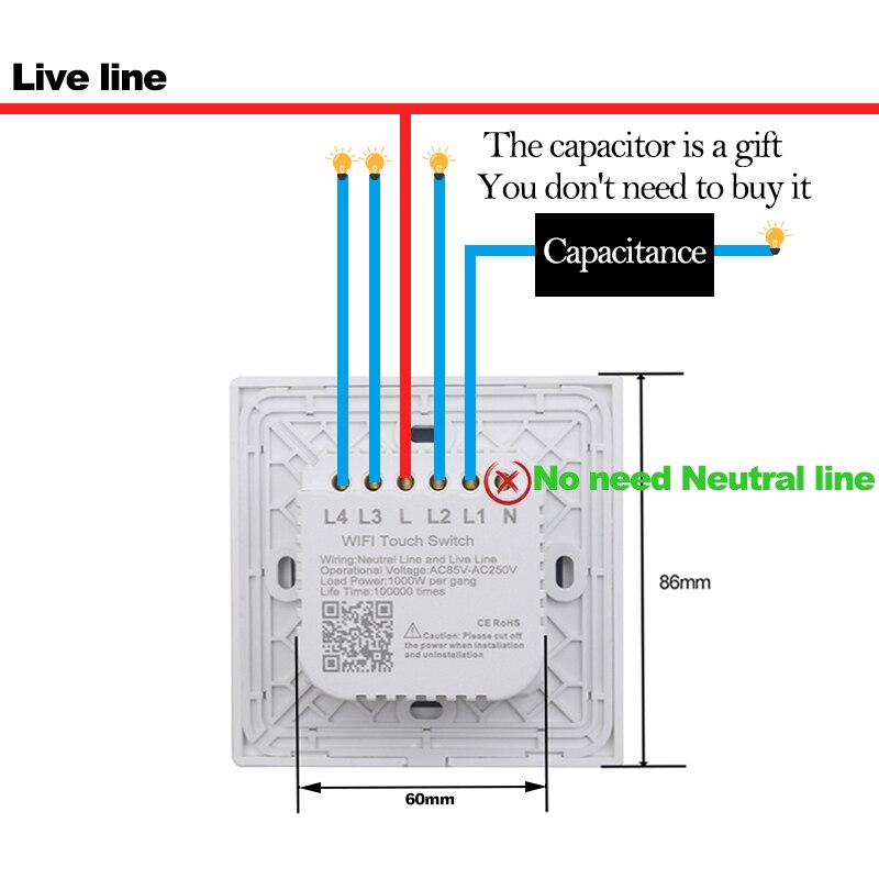 (No need neutral) WIFI Touch Light Wall Switch White Glass Blue LED Smart Home Phone Control 4 Gang 2 Way Alexa Google Home