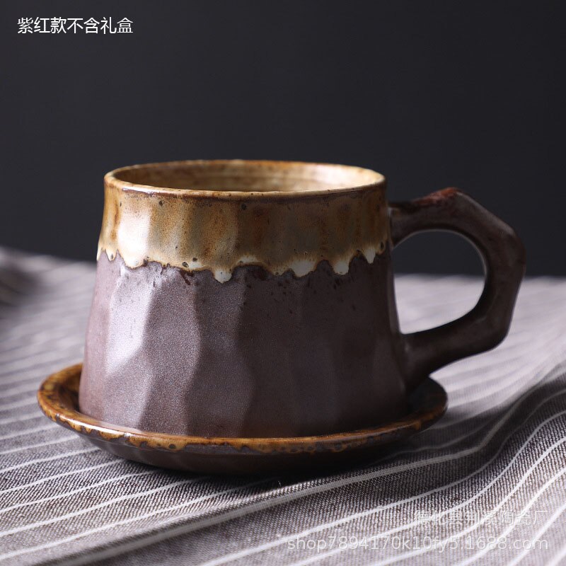 Japansk retro kaffekrus mælk kaffekop praktisk keramisk te øl krus morgenmad kop hjem drinkware med bakke: Lilla