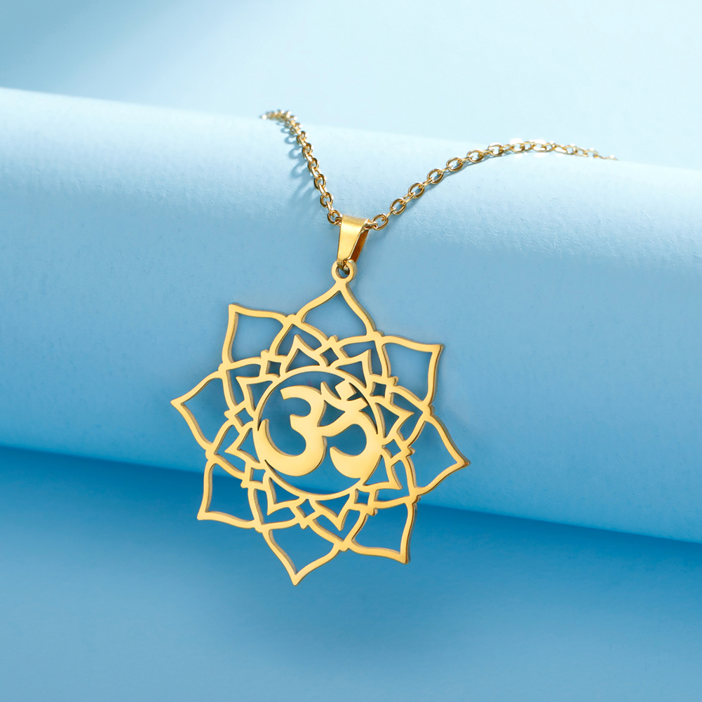 Lucktune-collar con colgante de símbolo de loto de OM Yoga Chakra para mujer Budismo de acero inoxidable Hindu Amuleto Collar de cadena de joyería