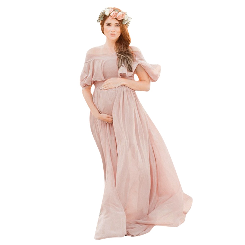 Women Maternity Dresses Summer One Shoulder Party Dress Photography Props Short Sleeve Ruffles Dress Pregnancy#f: M