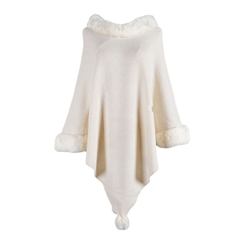 Naiset talvi mukava lämmin neule neule huivi huivi paksuuntua pehmo leikattu viitta yksivärinen söpö pompom tupsu poncho viitta: Beige