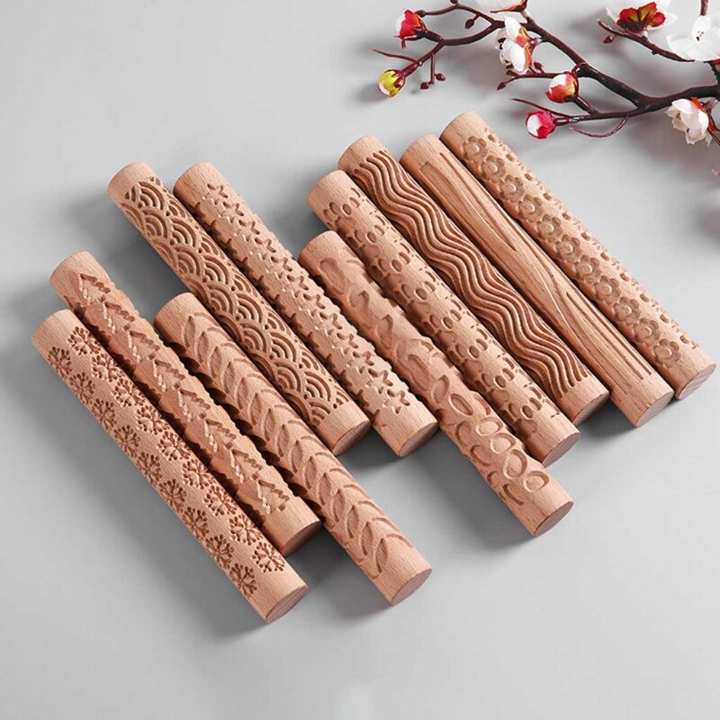 Weihnachten Holz Präge rollen Stift Fondant Teig Jahrgang aufbringen Gravierte Rolle Stock Backen Gebäck Werkzeug Backen Zubehör