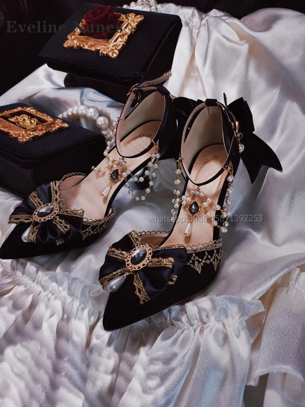 Sandálias femininas com gemas de pérola curva, dedo apontado, estilete, cetim de renda, alça reta, salto feminino, estilo lolita, bombas requintadas, festa, 2024: Bege / 35