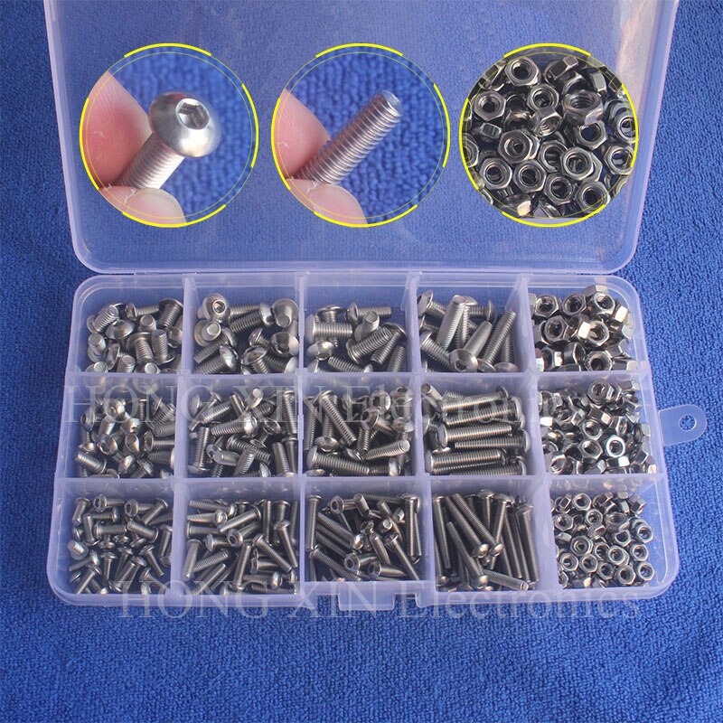 500 Stks/partij M3/M4/M5 304 Rvs Machine Schroeven Met Hex Noten Assortiment Kit Knop Hoofd Bouten metrische Draad Schroef Moer