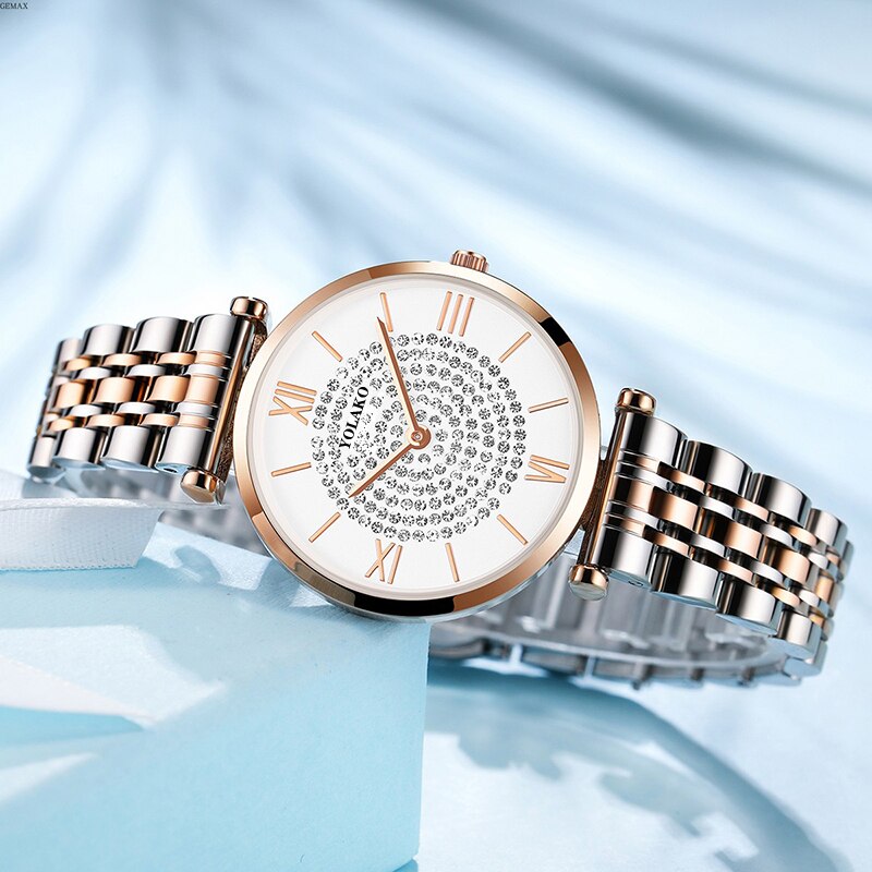 Gypsophila Diamond Vrouwen Horloges Zilveren Ronde Dial Roestvrij Stalen Band Quartz Horloge relogiosfeminino