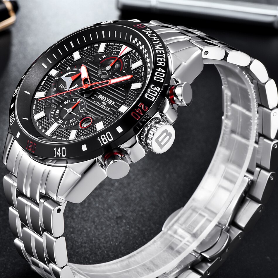 BOYZHE Sport Automatische Uhr Männer Edelstahl Chronograph Herren Mechanische Uhren Auto Datum Luxus montre homme