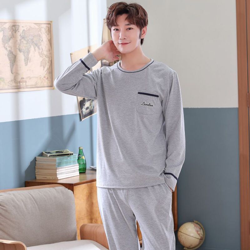 Autumn Winter Knitted Cotton Gray Men&#39;s Pyjamas Solid Pajamas Set Casual Male Sleepwear Pyjamas Night Pijama Hombre 4XL Homewear