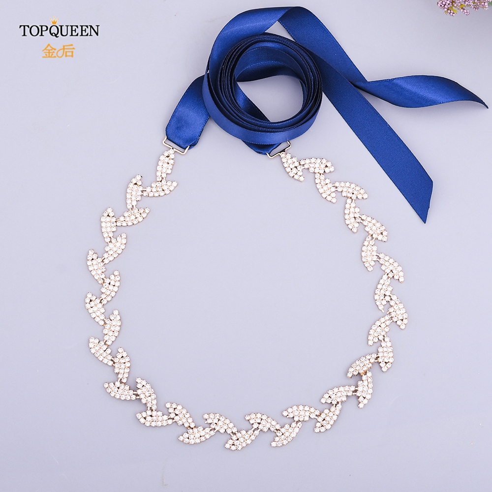 TOPQUEEN S198-G złoty pasek robić sukni ślubnej błyszczące stopu kryształ górski liście skrzydła kobiety diament akcesoria ślubne dla nowożeńców impreza pas: marynarka wojenna niebieski faborek