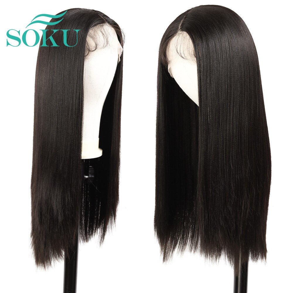 SOKU-perruque noire synthétique longue et lisse avec raie centrale, cheveux naturels en Fiber résistante à la chaleur, pour femmes noires
