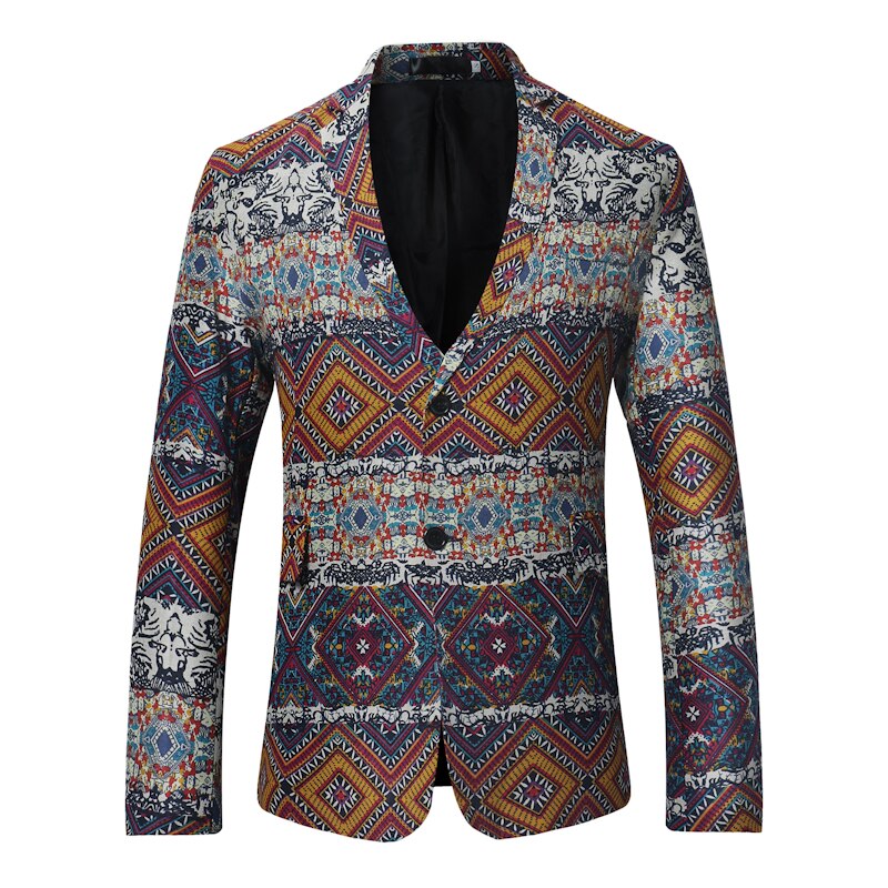 Geometry Pattern National Style Printed Suit Jacket Men Slim-Fit Suit Jacket Business Casual Suit Male: Orange / M